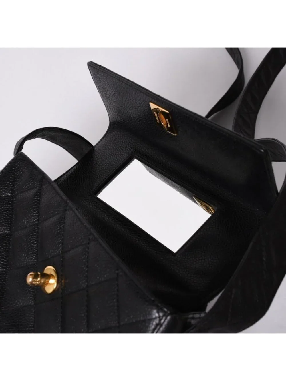 Chanel Shoulder Bag CC Logo Caviar Leather Black Quilted Gold